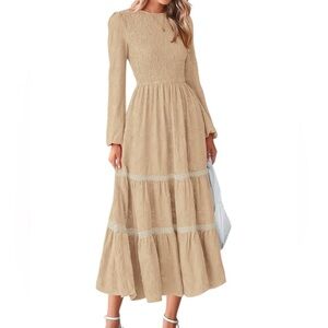 PRETTYGARDEN Smocked Maxi Dress Tiered Ruffled Floral Jacquard Lace Pockets XL